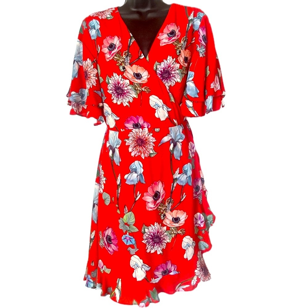 Willow and Clay red floral flutter sleeve wrap dress.